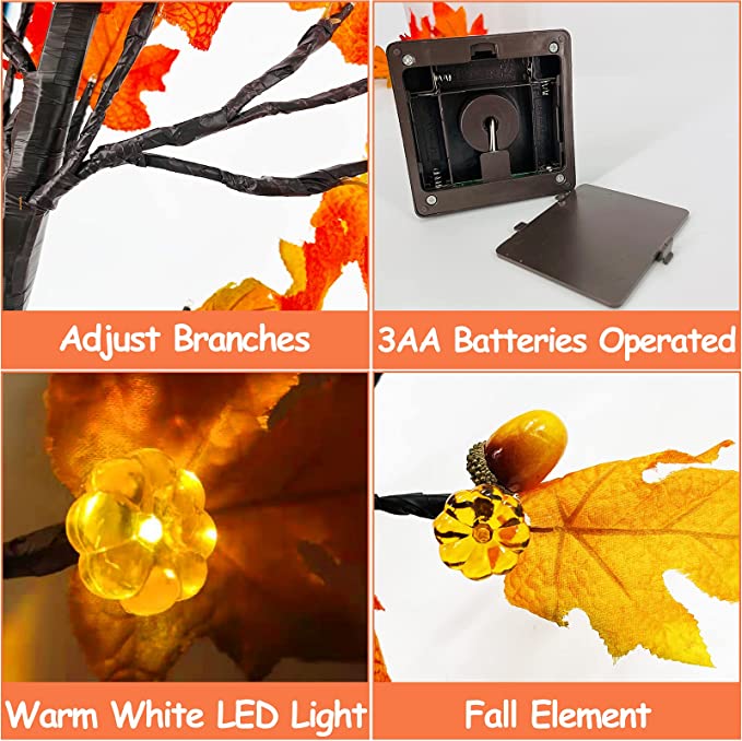 2 Pack 18 Inch Prelit Fall Maple Tree with 48 LEDs Timer Battery Operated